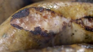 Cook ızgara sulu taze sosis hazırlanması. Ateşte kızartın. Aile yaz tatili. Close.