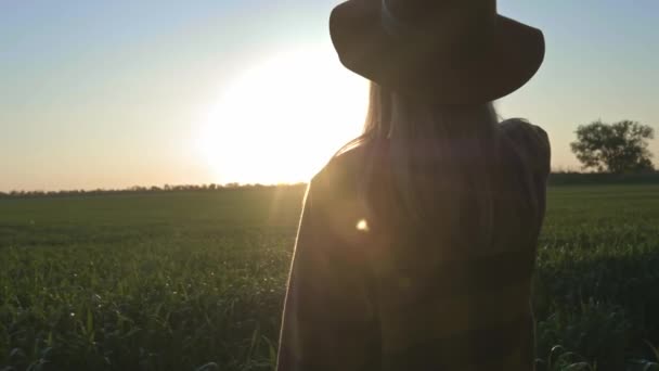 女の子は彼女の手を通して太陽を見ます。太陽の光で手を弾く女性。太陽は彼女の指を通して輝いている。人生を楽しむ。格子柄のシャツと帽子をかぶって. — ストック動画