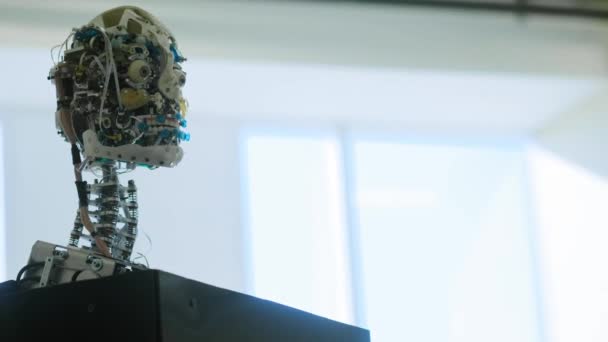 Homme robot humanoïde sur scène. Développement innovant en robotique et intelligence artificielle. Présentation Android. Technologies robotiques modernes — Video