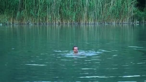 Le jeune homme se baigne dans un lac vert. Nage dans l'eau, profite de l'été. Le concept de loisirs de plein air . — Video