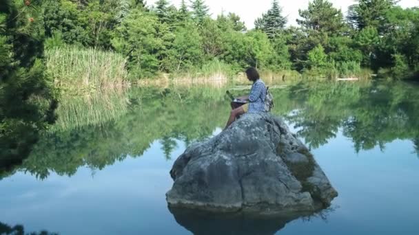 En ung freelance fyr sidder på en sten midt i en sø med en bærbar computer. Freelance koncept. Arbejde på rejser. Trådløst internet i skoven – Stock-video