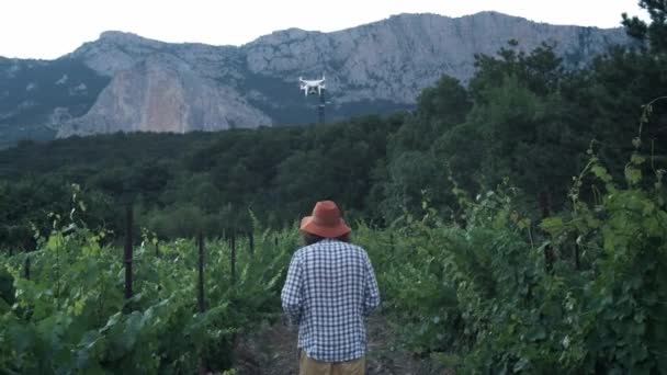 Een mannelijke boer gebruikt een drone voor de landbouw. Bewaakt zijn druiven velden. Nieuwe technologieën in de landbouw — Stockvideo