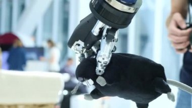 Bizim aramızda yeni teknolojiler. Robotun eli, kuyruk tarafından fare şeklinde yumuşak bir oyuncak alır. Gelecek bugün.