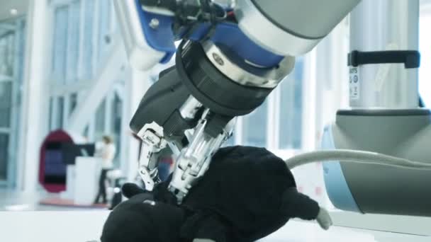 Nuevas tecnologías entre nosotros. La mano del robot toma un juguete suave en forma de ratón por la cola. Futuro hoy . — Vídeos de Stock