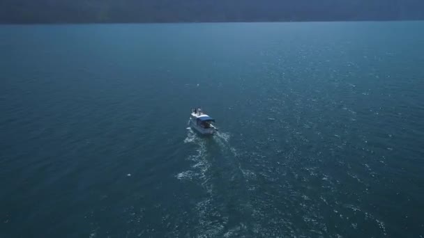 AERIAL: Una bandada de delfines salta del agua al lado del barco. Los delfines nadan frente al barco. Los delfines persiguen a los peces. Vacaciones de verano junto al mar . — Vídeo de stock