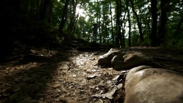 Primo piano del piede nello stivale. Un uomo escursionista corre lungo il sentiero nella foresta estiva. Escursionista escursioni nella foresta al tramonto. escursionisti godendo la vista impressionante al tramonto in una bella foresta tedesca . — Video Stock