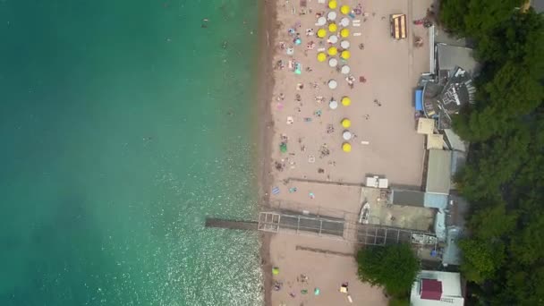 空中：海滩的顶景。人们沐浴在大海中，在岸边的木制沙滩伞 — 图库视频影像