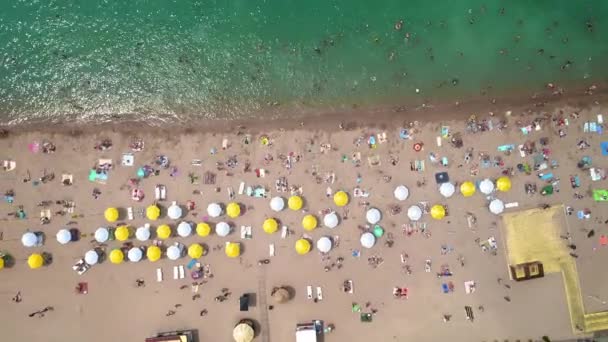 Antena: widok z góry na plażę. Ludzie kąpać się w morzu, na brzegu drewnianych parasoli plażowych — Wideo stockowe