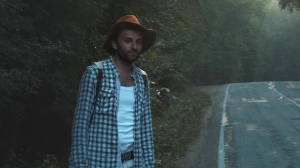 El hombre está parado en la carretera en el bosque. Un autoestopista turístico camina por la carretera con una mochila, levantando el pulgar hacia arriba. El viajero está tratando de detener el coche. El clima es nublado y lluvioso — Vídeo de stock