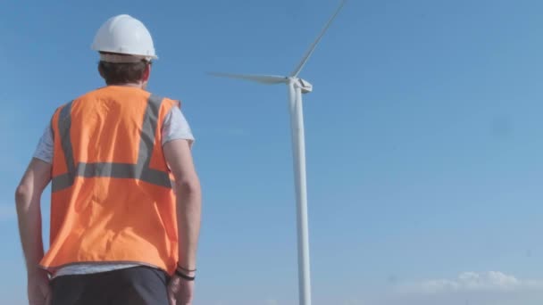 Vista trasera de ingenieros discutiendo contra las turbinas en el parque eólico mientras caminan a lo largo de la carretera en el día soleado — Vídeo de stock