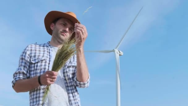 En bonde kontrollerar vetet på bakgrunden av ett vindkraftverk. Modern miljöteknik inom jordbruket — Stockvideo