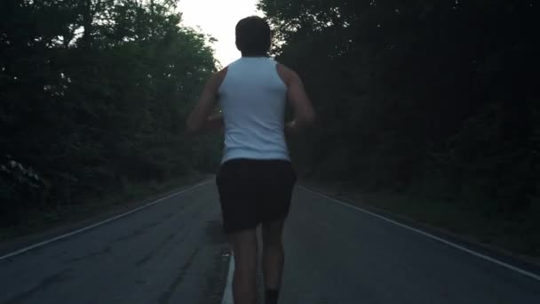雨の夜に自然の中で外を走っている男。森の松の間の高速道路で夕暮れ時に走る男性ランナー。アクティブなスポーツライフスタイルに従事。あなたの体を強化します。自然の中でスポーツ — ストック動画