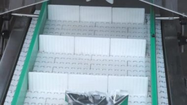 Bir üretim hattında tatlı paketleri. Modern Termo-ambalaj. Konveyör bant sistemine parsel römork boşaltma.