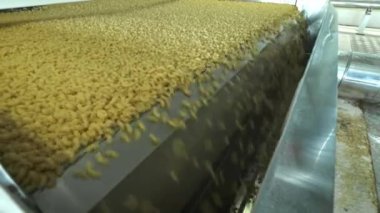 Makarna Fabrikası ve makarna üretim aşamaları. Modern gıda üretim fabrikasında makine ünitesinden Kuru makarna dökülmesini kapatın. Makarna üretimi için konveyör hattı. Iş yerinde Makarna Fabrikası.
