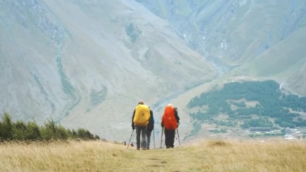 En grupp seniora vandrare går längs ett spår bland stora berg. De bär stora ryggsäckar, molnigt väder — Stockvideo