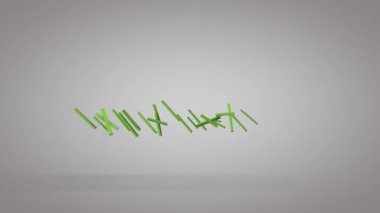 Yeşil çizgilerin soyut üç boyutlu animasyonu veya dinamik olarak titreşen bloklar. Beyaz bir stüdyoda. Ekoloji ya da sağlıklı yiyecek teması