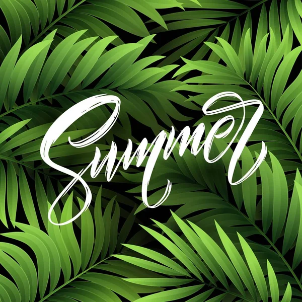 Summer lettering on palm leaf background. Vector illustration — Stock Vector