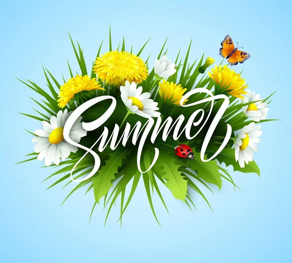 Letras de escritura de verano con flor de verano. Ilustración vectorial — Vector de stock
