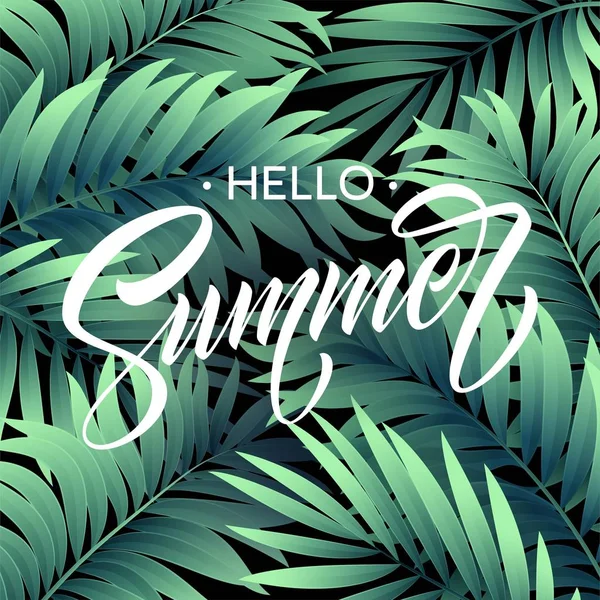 Affiche d'été avec feuille de palmier tropicale et lettrage manuscrit. Illustration vectorielle — Image vectorielle