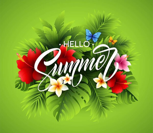Summer poster with tropical palm leaf and handwriting lettering. Vector illustration
