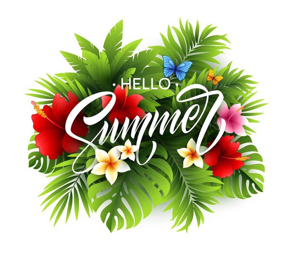 Summer poster with tropical palm leaf and handwriting lettering. Vector illustration