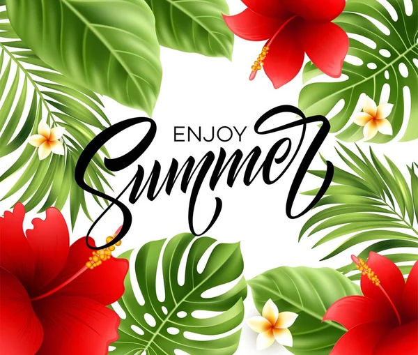 Zomer poster met tropische palmtak en handschrift belettering. Vectorillustratie — Stockvector