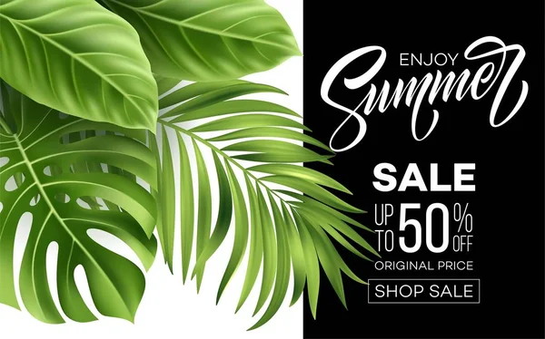 Venda banner, cartaz com folhas de palma, folha da selva e letras caligrafia. Fundo de verão tropical floral. Ilustração vetorial —  Vetores de Stock