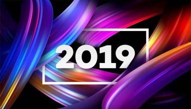 Renkli fırça fırçası yağı ya da akrilik boya tasarım elementinin arka planında 2019 yılbaşı. Vektör illüstrasyonu