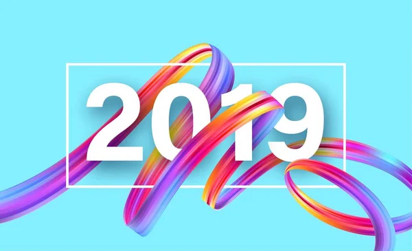 Renkli fırça fırçası yağı ya da akrilik boya tasarım elementinin arka planında 2019 yılbaşı. Vektör illüstrasyonu
