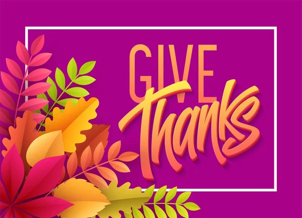 Felices letras de Acción de Gracias con hoja de otoño de papel. Ilustración vectorial — Vector de stock