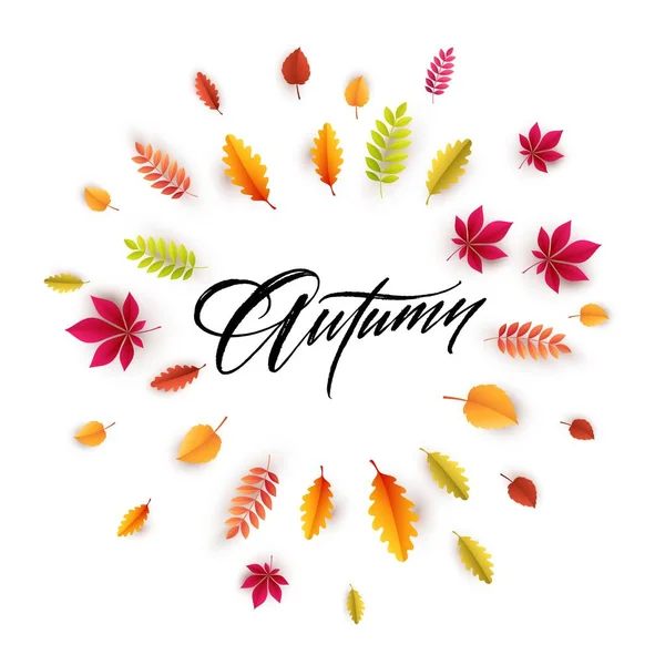 Hej hösten. Olika höstlöv färgade bakgrund. Vektorillustration — Stock vektor