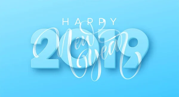 Handgezeichneter Schriftzug Frohes Neues Jahr 2019 auf blauem Hintergrund. Vektorillustration — Stockvektor