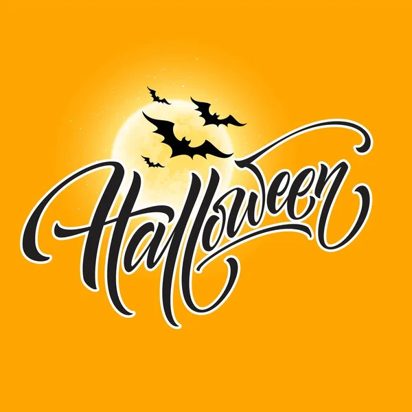 Halloween glowing night background with the moon, bats. Calligraphy, Lettering. Vector illustration — Stock Vector