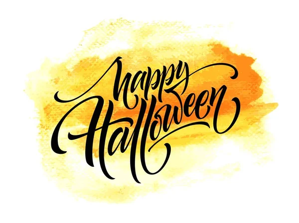 Happy Halloween belettering op aquarel achtergrond. Handgeschreven moderne kalligrafie, borstel geschilderde letters. Vectorillustratie — Stockvector