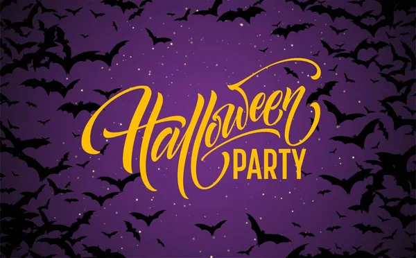 Halloween gloeiende nacht achtergrond met vleermuizen. Kalligrafie, belettering. Vectorillustratie — Stockvector