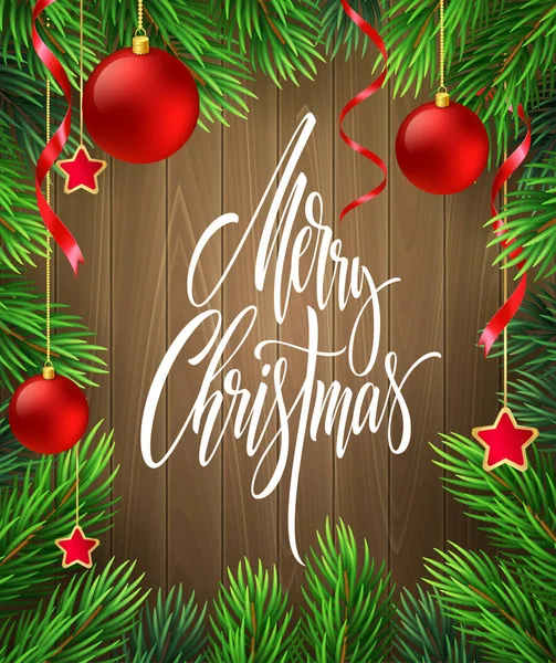 Joyeux lettrage de Noël dans le cadre des branches de sapin — Image vectorielle