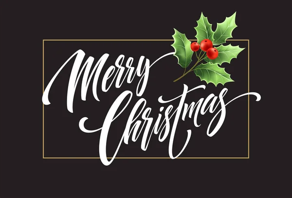 Feliz Natal lettering com ramo de visco — Vetor de Stock