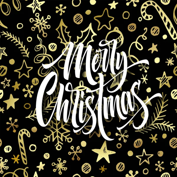 圣诞快乐手画刻字 圣诞书法 圣诞金色装饰品和物体在黑色背景上无缝图案 明信片设计 矢量插图 — 图库矢量图片