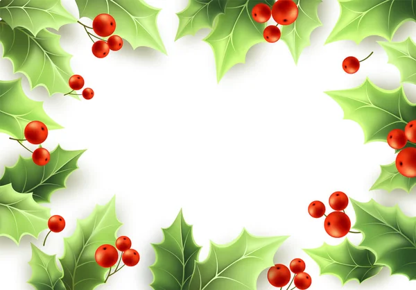 クリスマスのヤドリギの緑の葉と赤い果実のフレーム — ストックベクタ