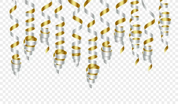 Dekorace zlaté a stříbrné konfety nebo curling strana stuhy. Vektorové ilustrace — Stockový vektor