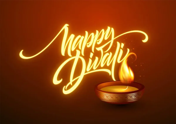 Feliz festival Diwali de luces. Lámpara de aceite retro en el cielo nocturno fondo. Caligrafía texto de letras a mano. Ilustración vectorial — Archivo Imágenes Vectoriales