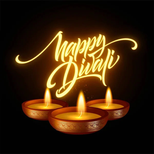 Fröhliches Diwali-Lichterfest. Retro-Öllampe am Nachthimmel. Kalligraphie handgeschriebenen Text. Vektorillustration — Stockvektor