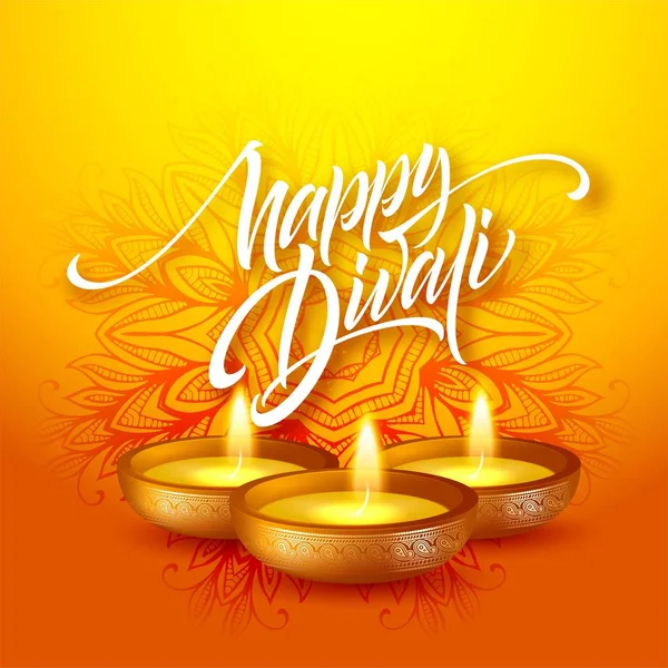 Fröhliches Diwali Lichterfest Retro Öllampe Auf Mandala Hintergrund Kalligraphie Handgeschriebenen — Stockvektor