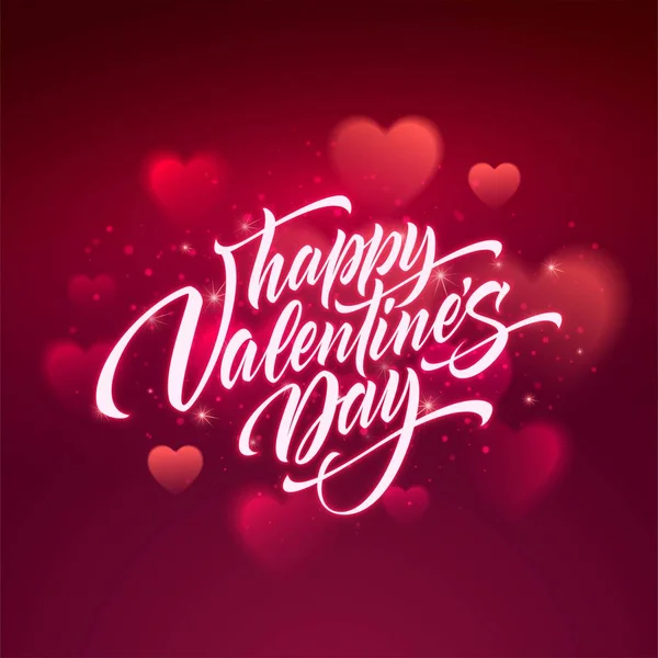 Šťastný valentines den v rukou text na pozadí rozmazané srdce. Vektorové ilustrace — Stockový vektor