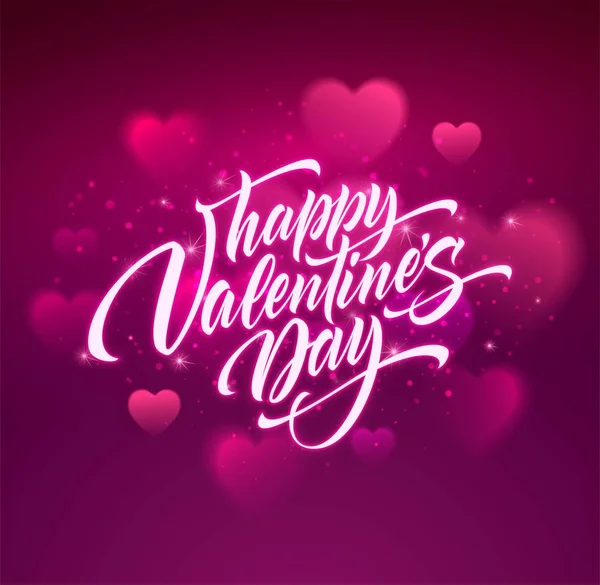 Feliz día de San Valentín texto escrito a mano sobre el fondo borroso del corazón. Ilustración vectorial — Vector de stock