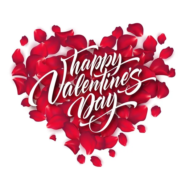 De dag van Valentijnskaarten belettering op achtergrond met Rose bloemblaadjes gevormd een hart. Vectorillustratie — Stockvector