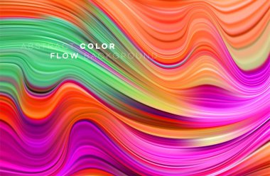 Modern renkli akış posteri. Siyah arkaplanda dalga sıvısı şekli. Tasarım projen için sanat tasarımı. Vektör illüstrasyonu