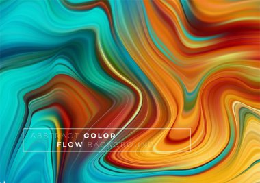 Modern renkli akış posteri. Siyah arkaplanda dalga sıvısı şekli. Tasarım projen için sanat tasarımı. Vektör illüstrasyonu