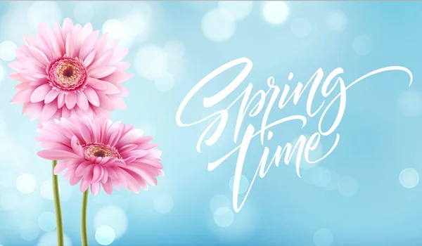Gerbera virágot háttér és a tavaszi idő felirat. Vektoros illusztráció — Stock Vector