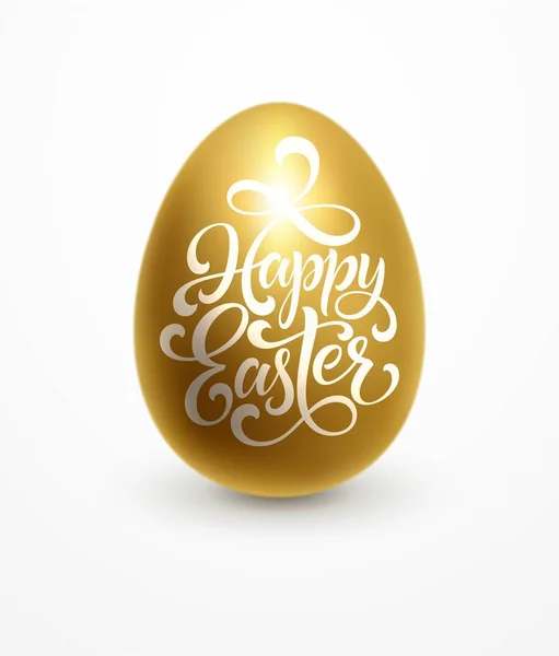 Frohe Ostern Schriftzug auf dem goldenen Ei Hintergrund. handgezeichnete Kalligrafie und Pinselstift-Design für Urlaubs-Grußkarte und Einladung — Stockvektor